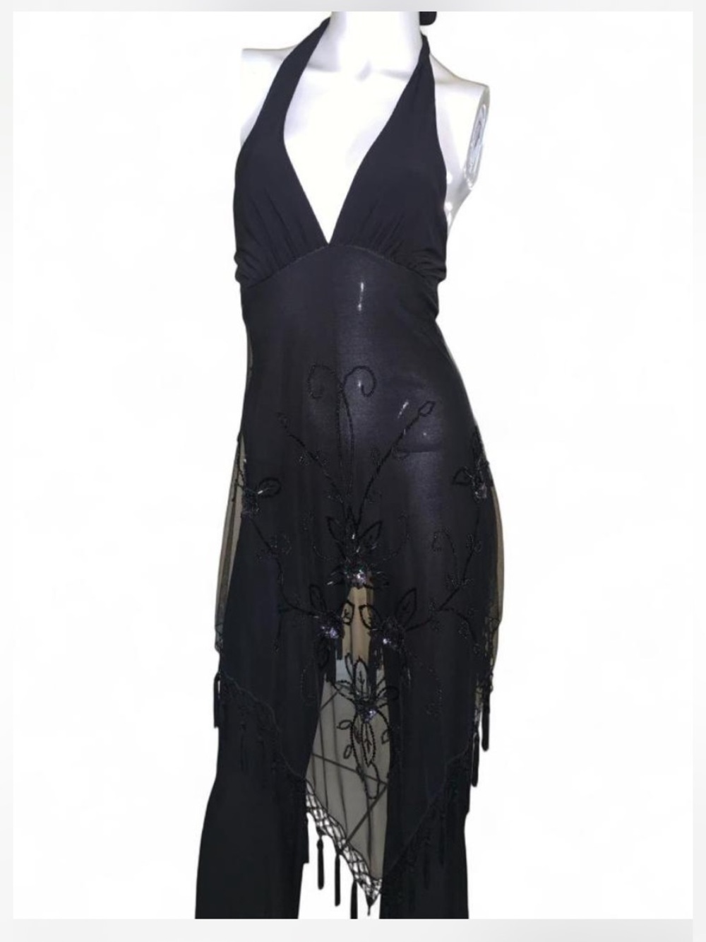 Vintage Janine Sheer Beaded Overlay Black Jumpsuit Made in the USA Size XS